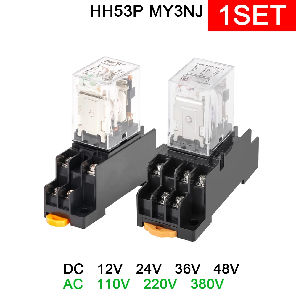 1set HH53P MY3NJ Spule Relais DC/AC 12V 24V 36V 110V 220V 380V 5A 11pin MY3N-GS MY3 Micro Elektromagnetische Relais + Sockel Basis Image