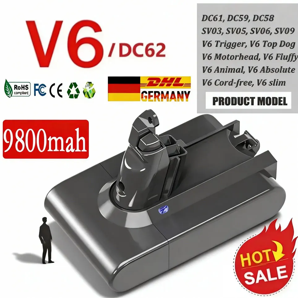 9800 mAh für Dyson V6 Ersatzakku für Dyson DC58 DC59 DC62 SV03 SV05 SV09 Absolute Staubsauger Elektrowerkzeuge kabellos Image