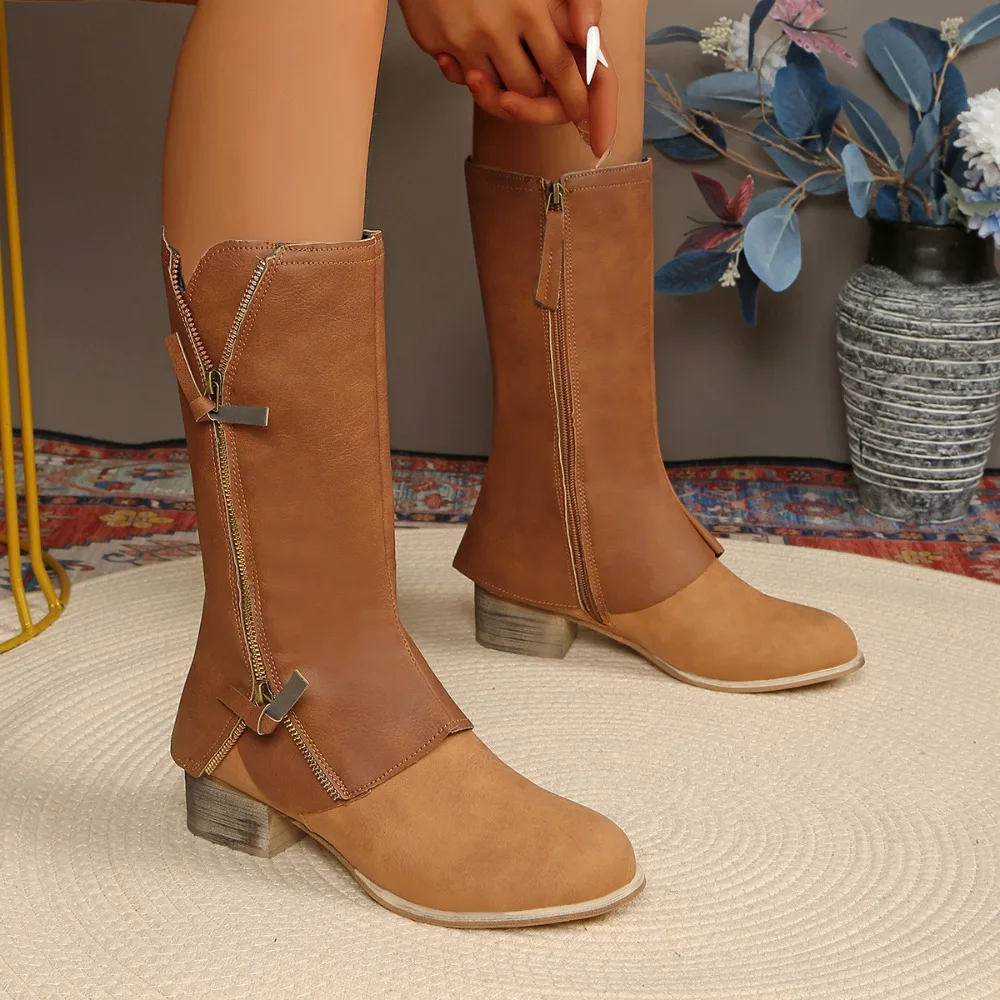 Damenstiefel, mittelhoher Waden- und Winterstiefel, britischer seitlicher Reißverschluss, Damen-Quaste, runder Kopf, Denim-Cowboystiefel für Damen Image