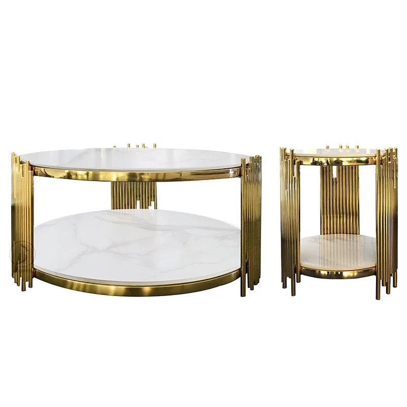 Leichter, luxuriöser runder Couchtisch aus Edelstahlglas, Ecktisch aus Marmor im Wohnzimmer Image