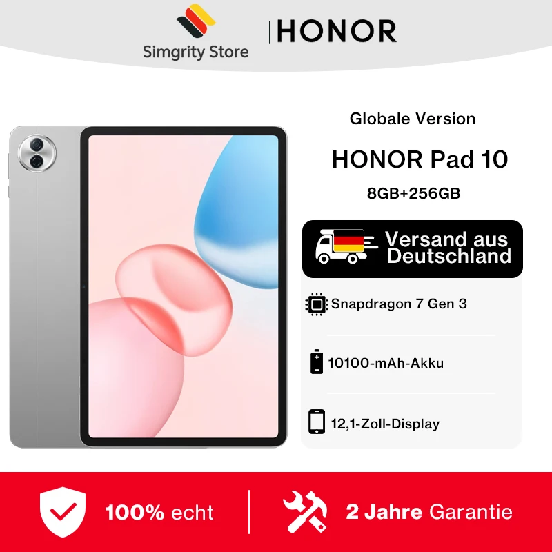 HONOR Pad 10 Tablet 8 GB + 256 GB, 12,1 Zoll 120 Hz 2,5 K (2560 x 1600) Display, Snapdragon 7 Gen 3 10100 mAh Akku, MagicOS 9.0 (Android 15), 8 MP Kamera, WIFI 6, Bluetooth 5.3 Image