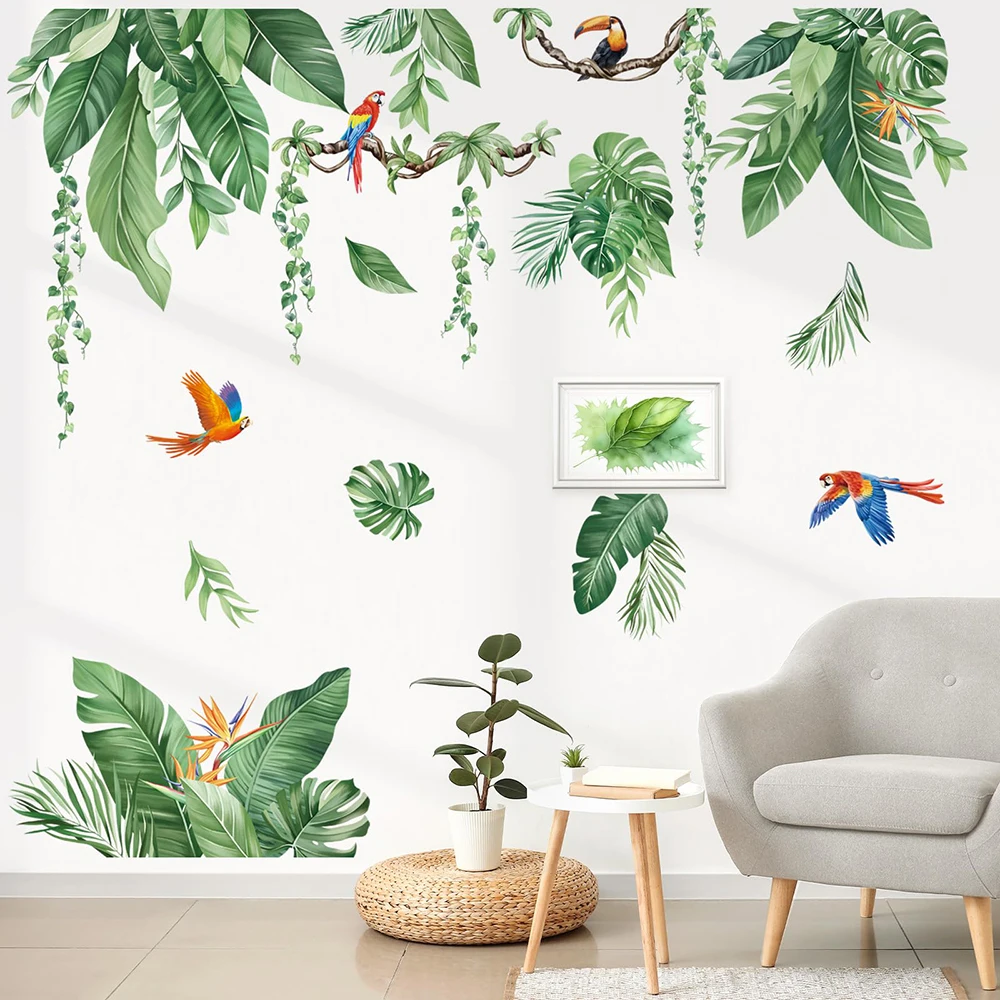 Tropische Palmblätter Ranken Wandaufkleber Grüne Pflanzen Baum Papageien Wandtattoos Wohnzimmer Schlafzimmer TV Hintergrund Home Decor