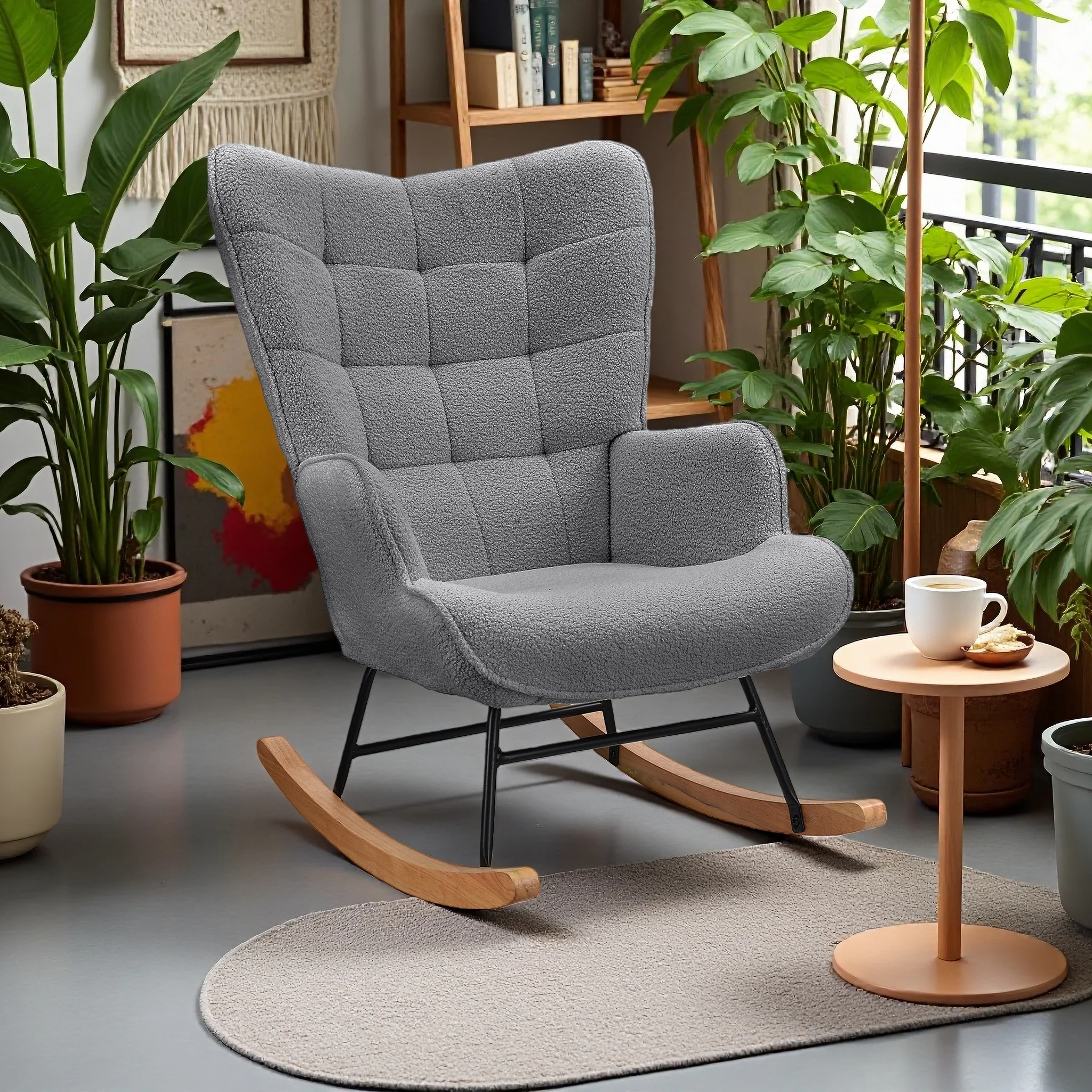 Comanlai Gartenstuhl, Schaukelstuhl, Relaxsessel mit Armlehnen, Hohe Rückenlehne, Holzbeine, Teddy-Samt, für Innen und Außen, Balkon Image