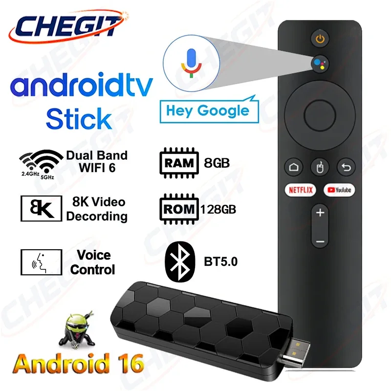 Android 16 R3+ TV-Stick 8K 8GB+128GB Rockchip RK3518 Quad-Core Wifi6 BT5.0 Sprachassistent für Netflix YouTube Streaming TV-Box Image
