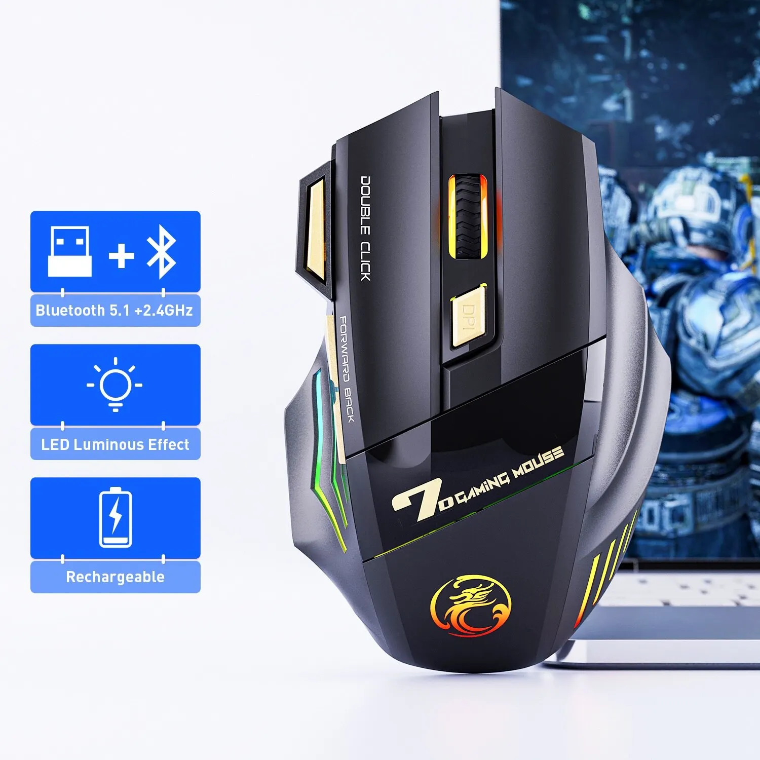 Drahtlose Gaming-Maus USB Imice GW-X7 3200dpi Dual-Modus wiederauf ladbare 7 Tasten 2,4 ghz Silent Maus Bluetooth 7-Farben-LED Image