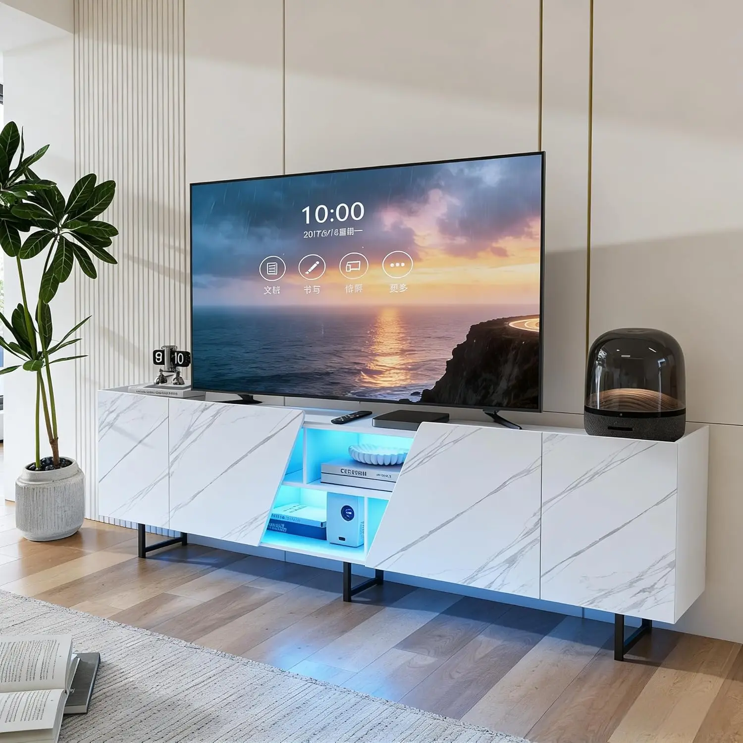 Superaly 220×34,5×67,7 cm LED-TV-Schrank mit 4 Türen und Regalen, TV-Ständer, TV-Tisch, TV-Lowboard für Wohnzimmer, Schlafzimmer, Weiß Image