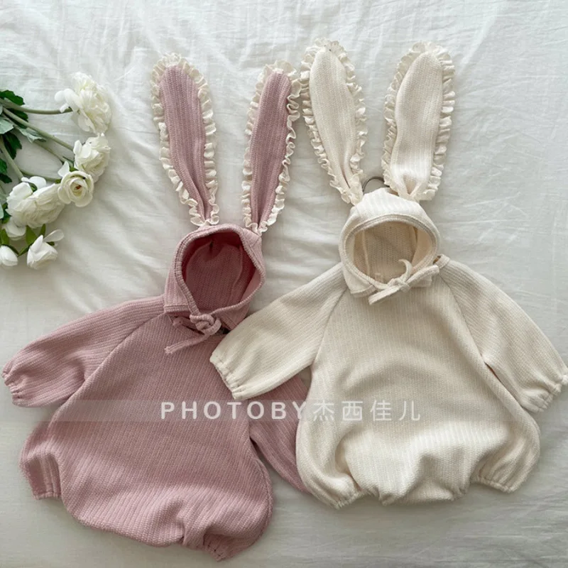 2026 frühjahr Neue Baby Mädchen Langarm Body + Kaninchen Ohren Hut Mädchen Nette Feste Prinzessin Overall Säuglings Kleidung 0-24M Image