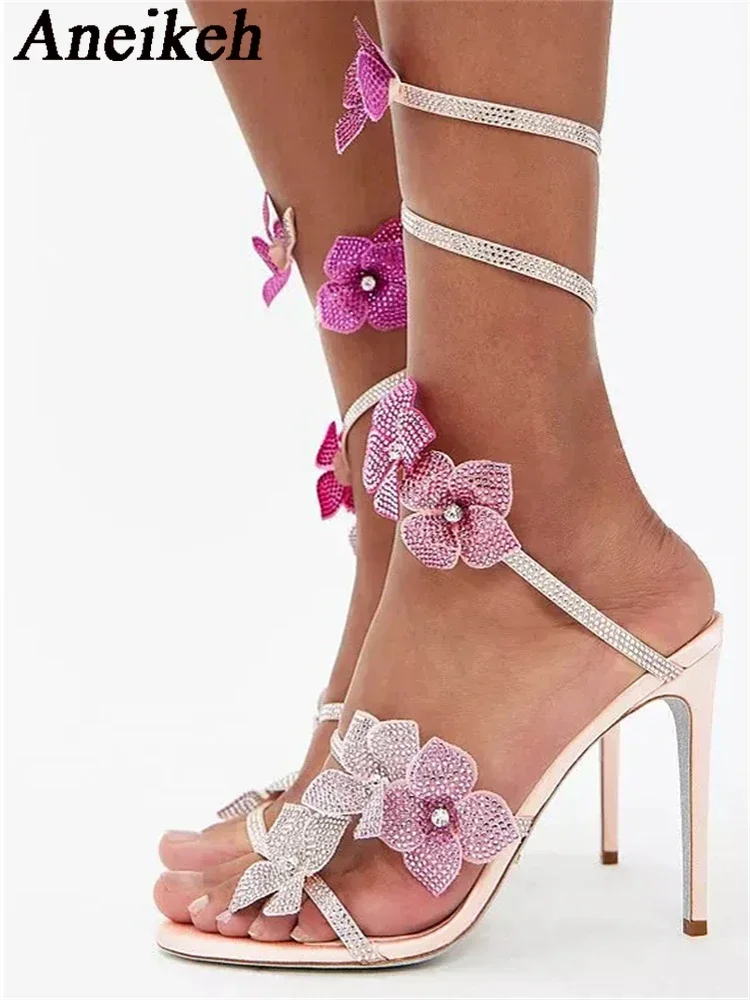 Aneikeh Sexy KRISTALL Blume Schmale Band Ankle Strap Sandalen Frau Dünne High Heels Street Style Pole Dance Damen Schuhe