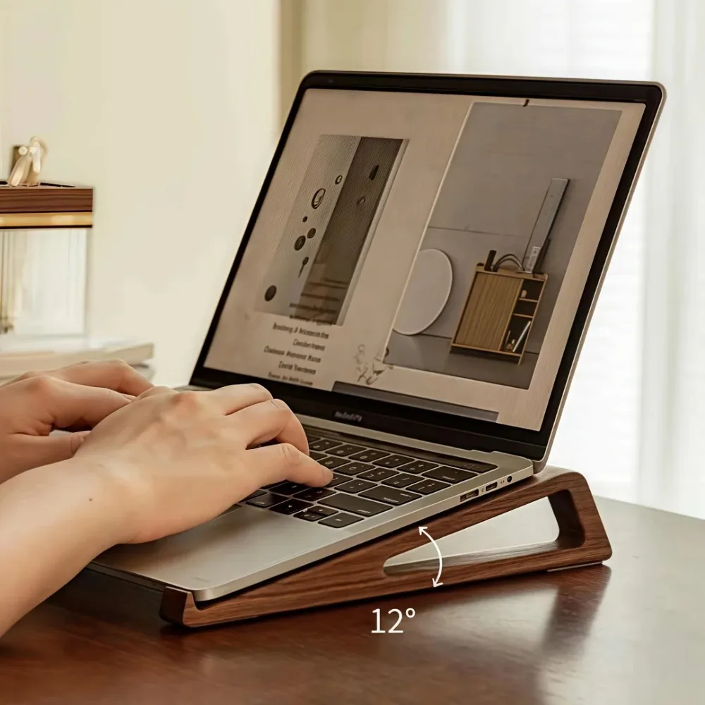Tragbarer, faltbarer Laptop-Ständer aus Holz – ergonomisch 12 ° Verstellbarer Winkel, Kühlende Belüftung, Dreieckiges Design, Bürozubehör Image
