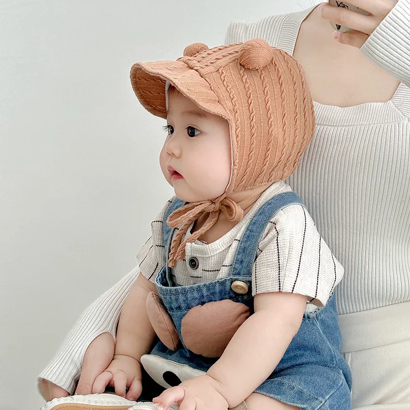 0-1Year Baby Winddicht Ohr Schutz Kappe Baumwolle Neugeborenen Fetal Hut Frühling Herbst Sonnencreme Visiere Nette Doppel Ball Infant Beanie Image