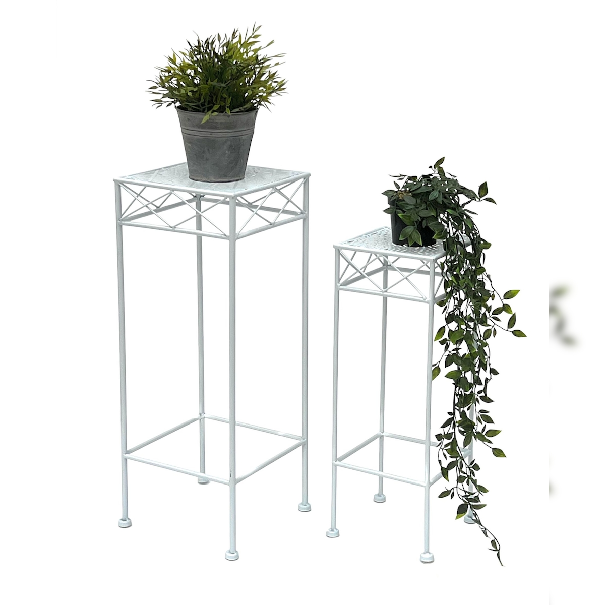DanDiBo Blumenhocker Weiß Metall Eckig Blumenständer 96314 2er Set Beistelltisch Blumensäule Modern Pflanzenständer Pflanzenhocker Image