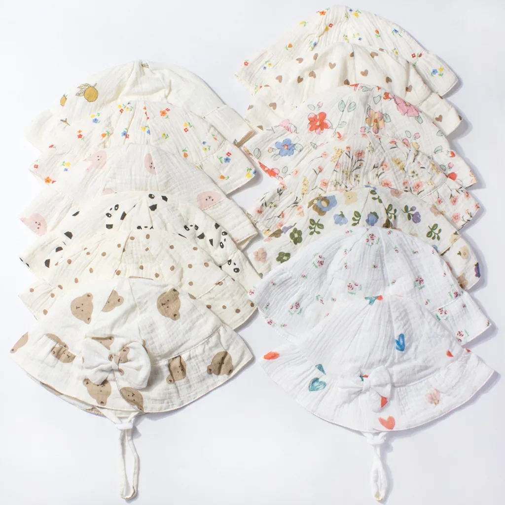 Sonnenhüte für Mädchen im Frühling und Sommer, mit Gaze bedruckt, Cartoon-Baby-Sonnenhüte aus atmungsaktiver Baumwolle, niedliche und weiche Baby-Sonnenhüte, Beckenhut Image