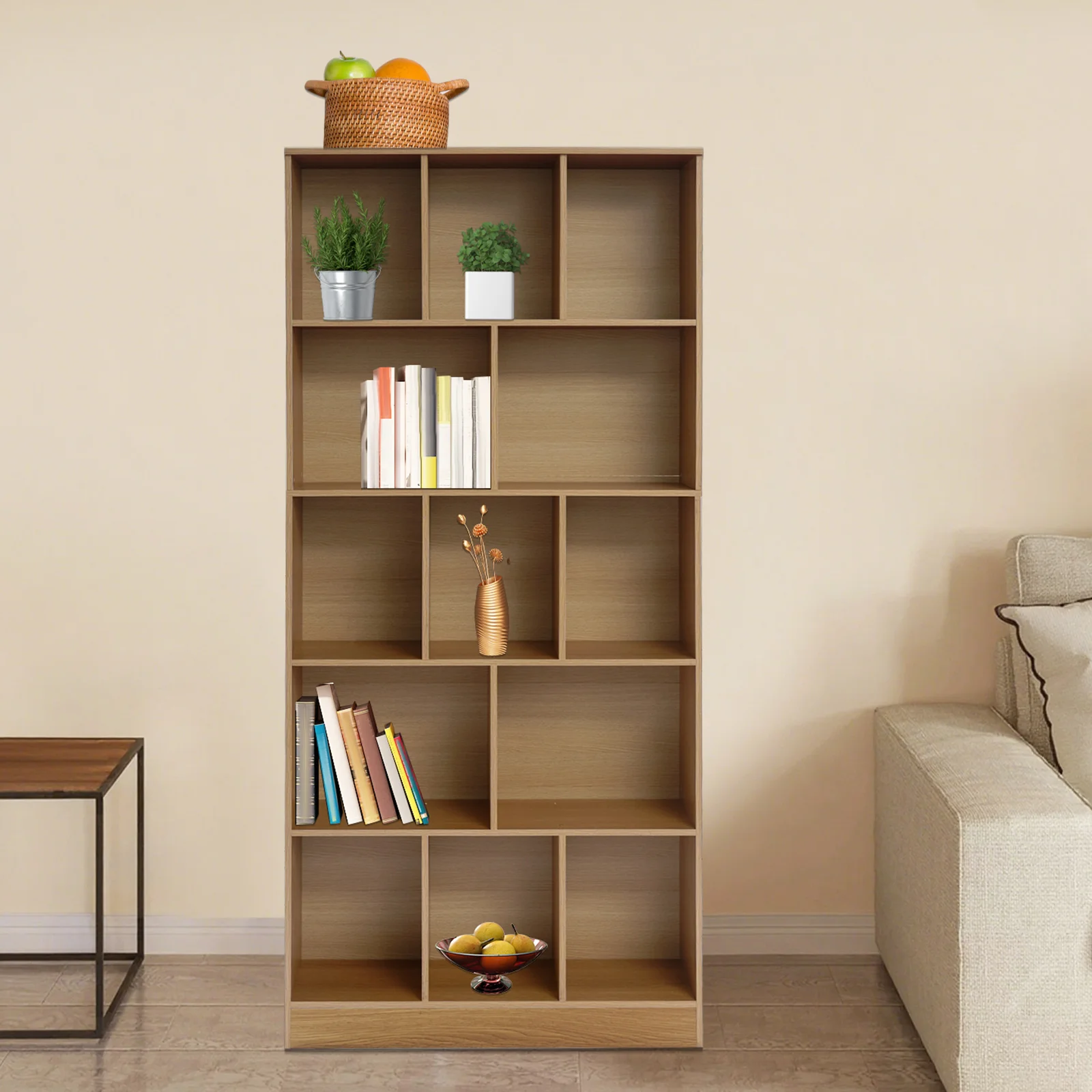 Bücherregal, 5-stufiges Bücherregal, Bücherschrank mit offenem Regal, 31,5*9,45*70,87 Zoll, für Wohnzimmer, Schlafzimmer, Heimbüro, Eichenfarbe Image