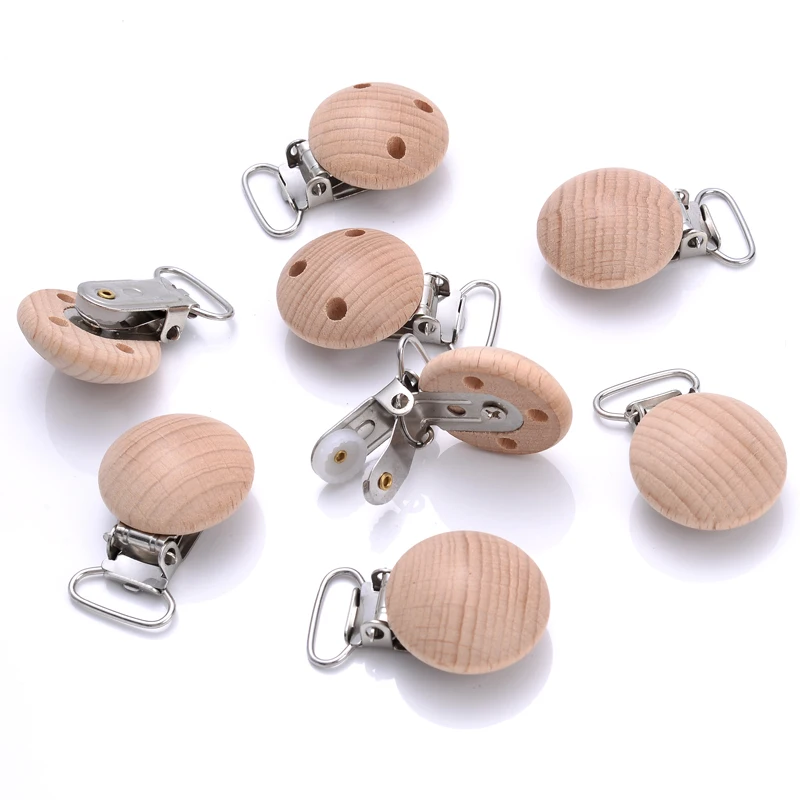10Pcs Natürliche Buche Holz Schnuller Kette Dummy Halter Clips 30mm Runde Holz Schnuller Clip Food Grade Baby Beißring kauen Spielzeug Image