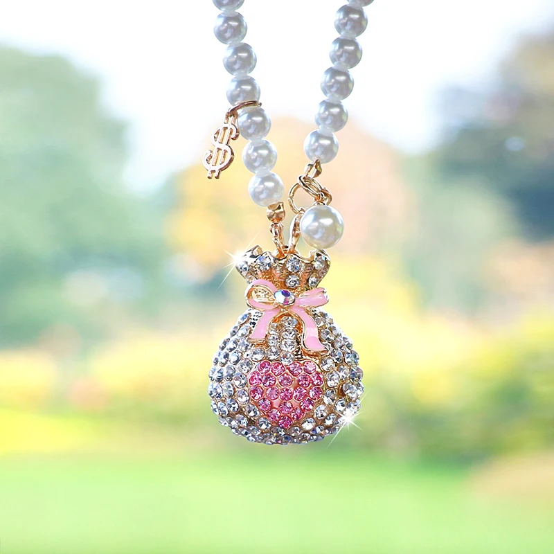 Mit Diamanten besetzte Glücksbeutel-Auto-Hängeornament, Dollar-Geldbeutel-Rückspiegel-Anhänger, dekoratives Geschenk für Europa und Amerika Image