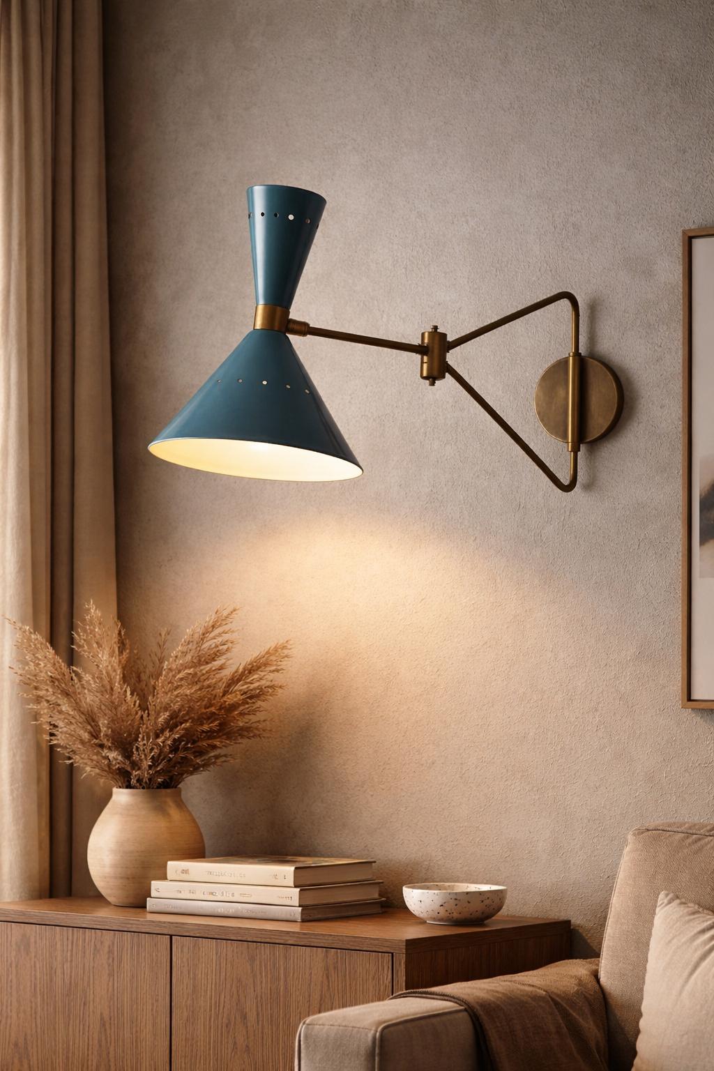 Applique da parete blu in stile moderno di metà secolo - Applique da parete con braccio girevole in ottone - Paralume conico regolabile - Lampada da p