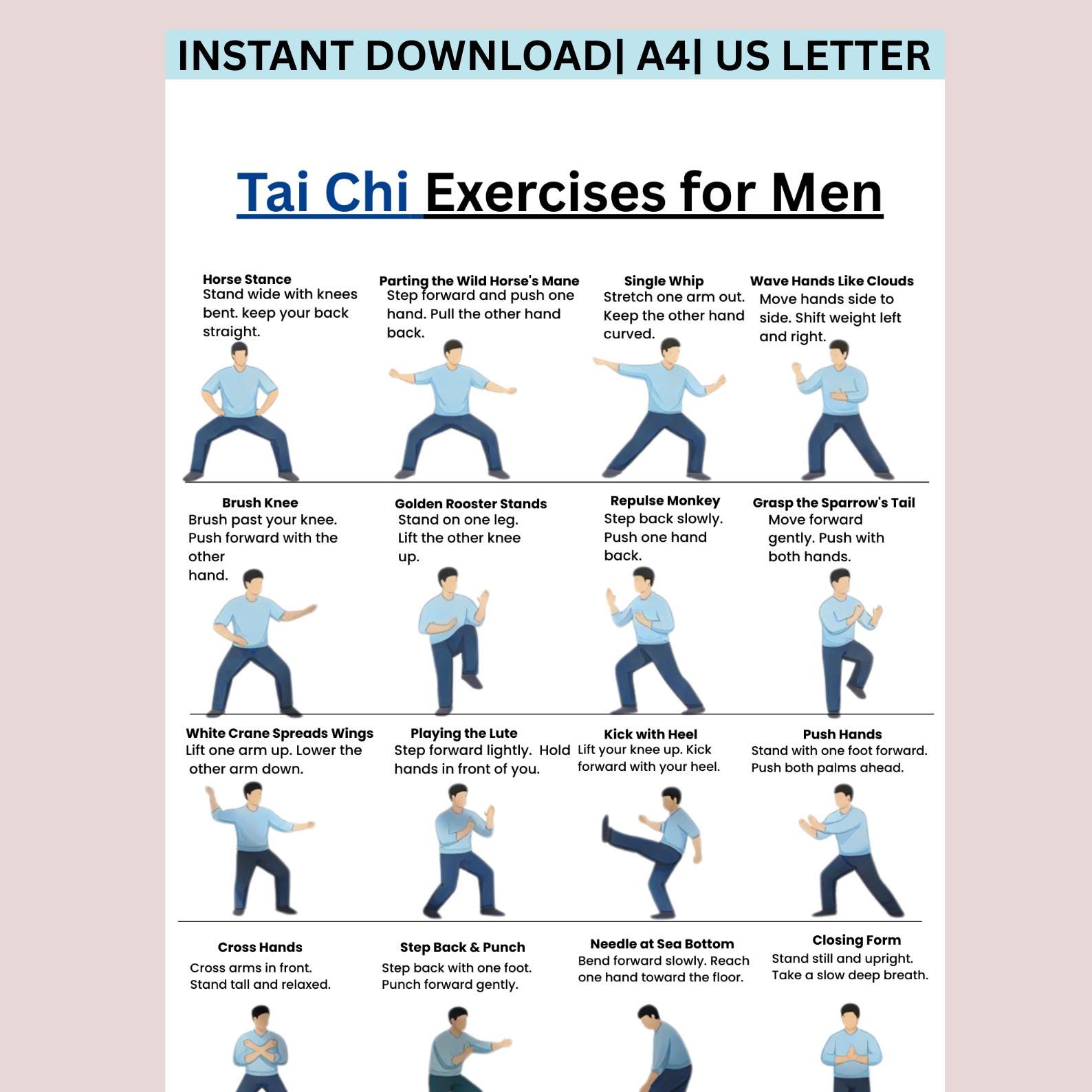 Esercizi di Tai Chi per uomini stampabili, tabella degli esercizi di Tai Chi in PDF, tabella degli allenamenti di Tai Chi, poster di Tai Chi, piano di