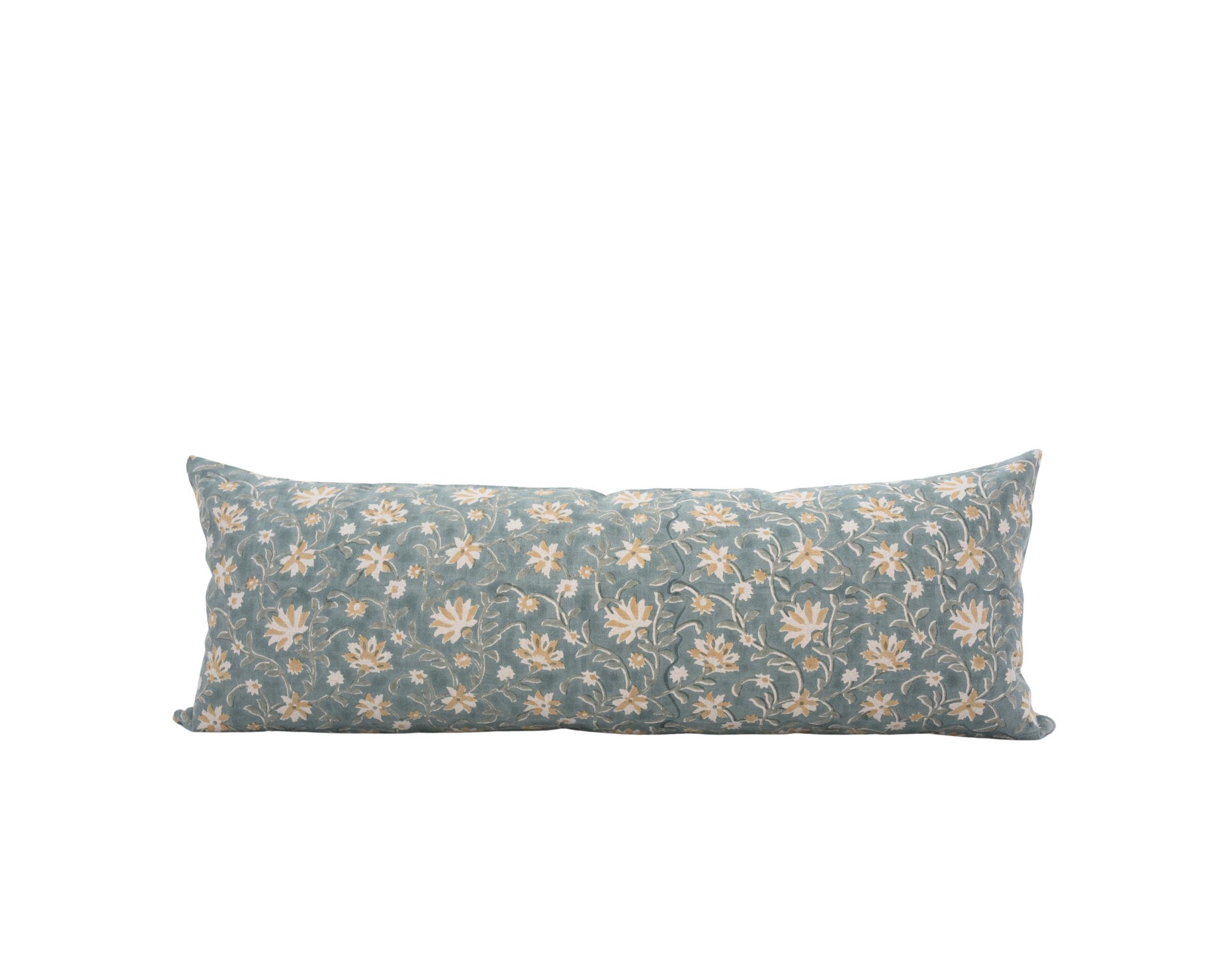 AGNES // Federa per cuscino lombare con motivo floreale blu-verde: lino con stampa a blocchi, stile rustico, cuscino lombare lungo, motivo floreale pr