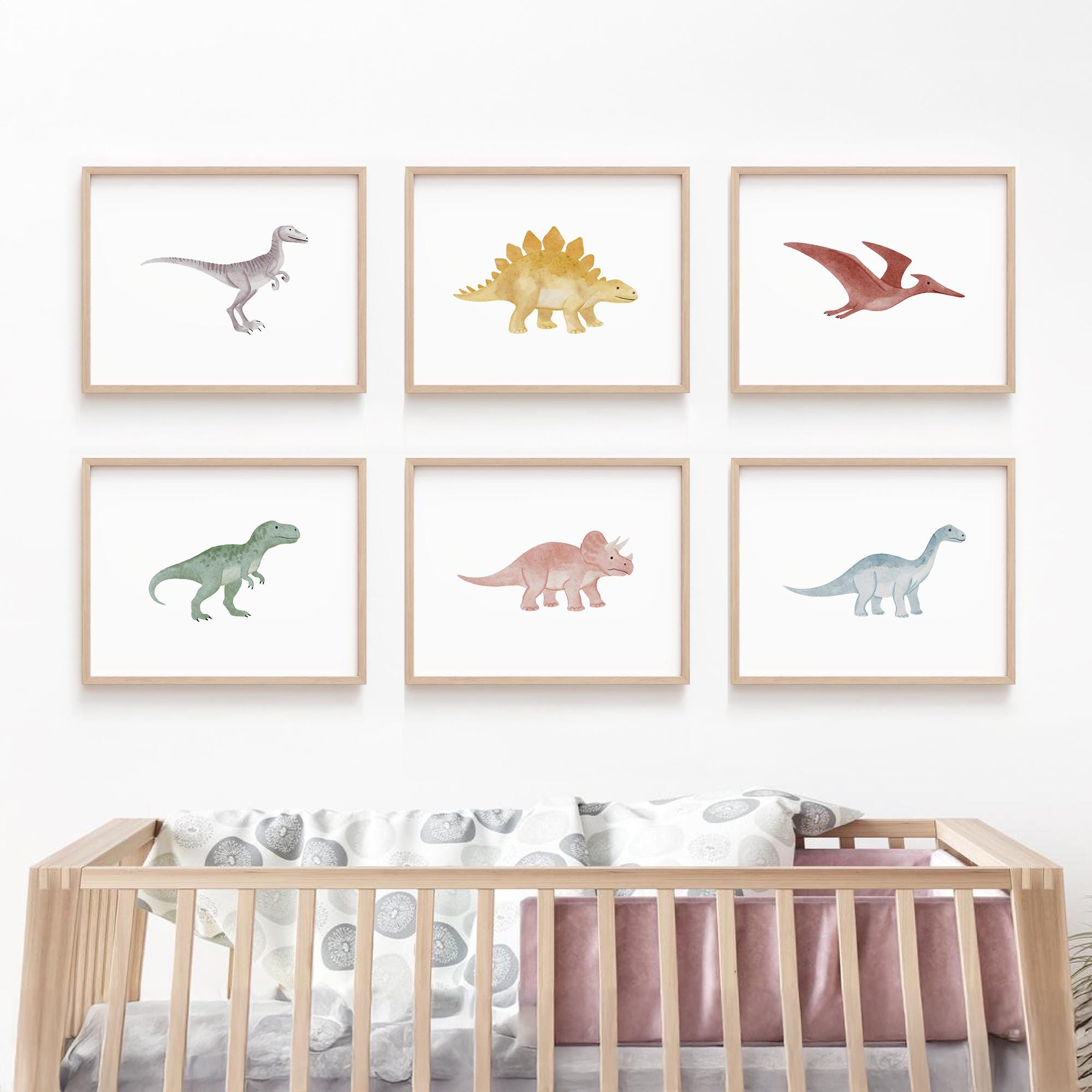 Decorazione murale per cameretta dei bambini con dinosauri, set di 6 stampe ad acquerello, download digitale di arte per cameretta dei ragazzi