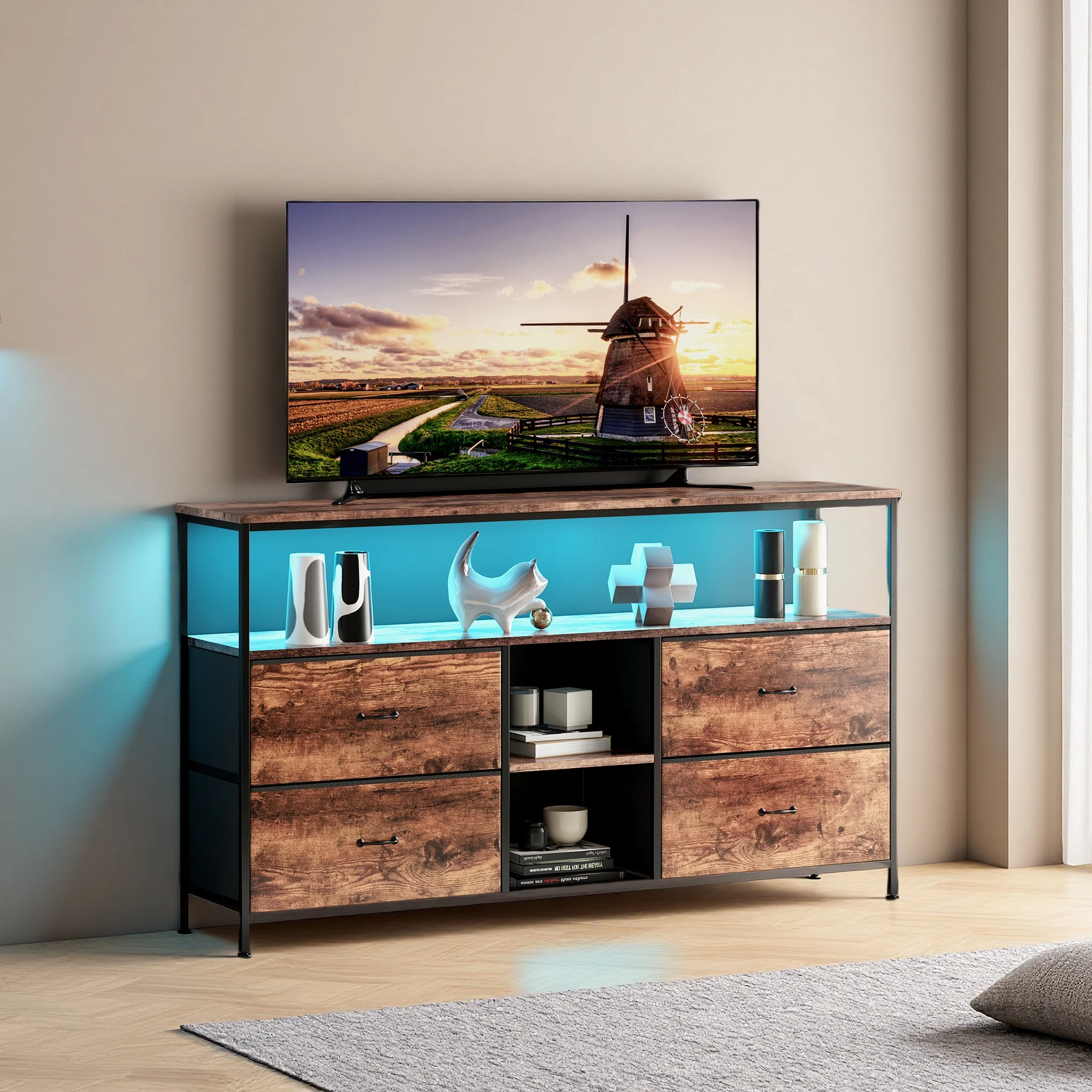 Meuble TV Superaly avec espace de rangement, meuble bas pour téléviseur avec 4 tiroirs en tissu, table TV, meuble TV polyvalent, 108 cm