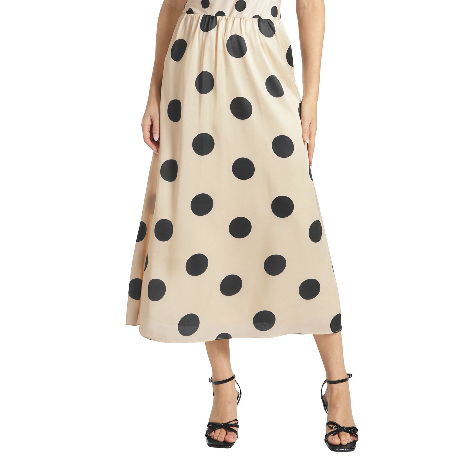Masseys Luxe Satin Slip Skirt (Size L) Cream/Black Polka Dot, Cotton,Polyester,Spandex