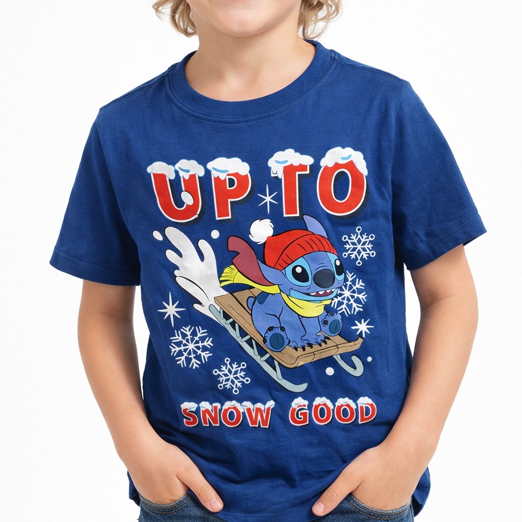 Disney Shirts & Tops | Disney Blue Kids Graphic Tee - 'Up To Snow Good' Stitch Sled Design | Color: Blue/Red | Size: 7b