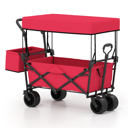 Costway Collapsible Wagon with Removable Canopy and Detachable Storage Bag-Red
