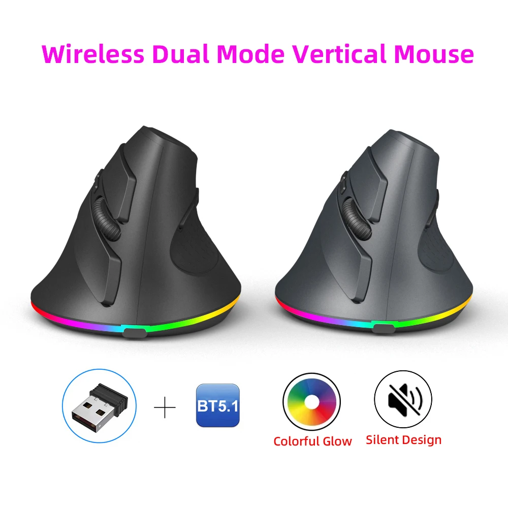 Mouse Wireless a doppia modalità 2.4G USB Bluetooth 5.1 LED batteria ergonomica Mouse verticale con retroilluminazione per Tablet PC Laptop