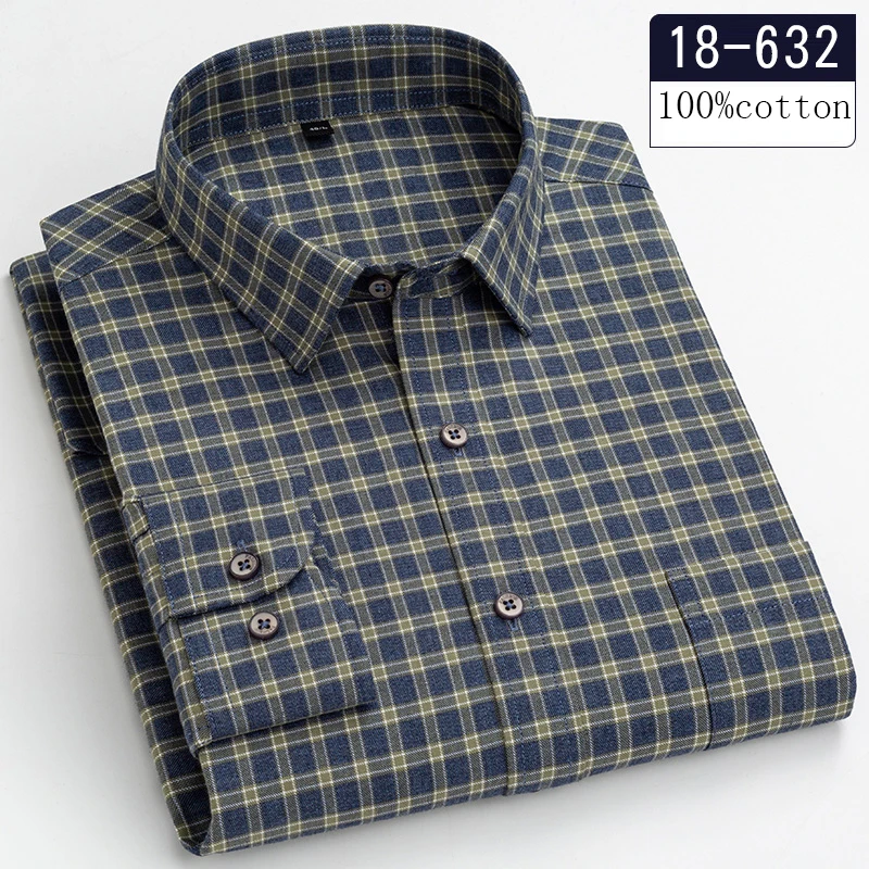 Novità nella camicia di alta qualità plus size 100% cotone levigatura camicie a maniche lunghe per uomo camicia casual top scozzesi vestiti con tasca singola