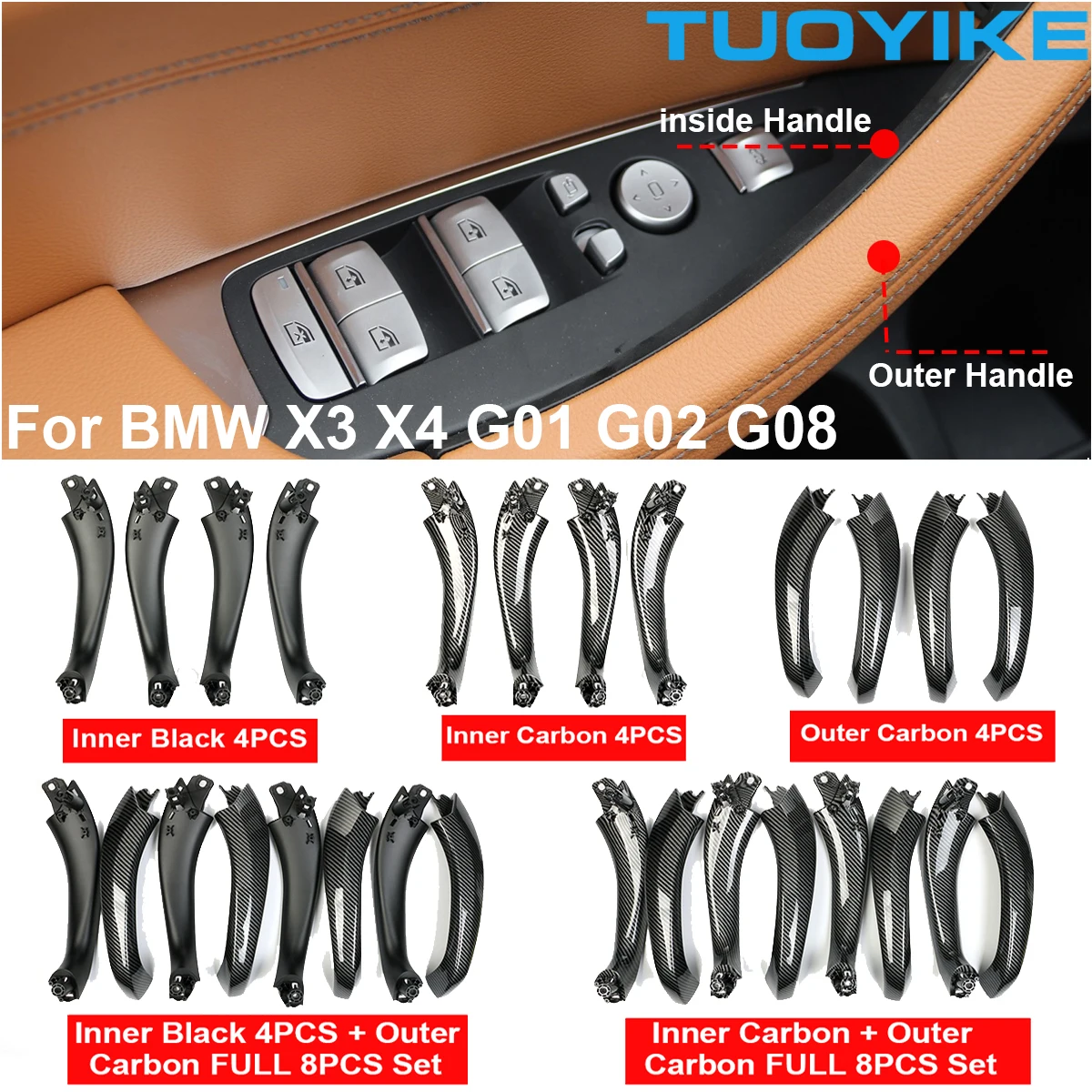 LHD RHD Car Interior maniglia interna per porta maniglia nera in fibra di carbonio Trim copertura esterna Set per BMW X3 X4 G01 G02 G08 F97 F98 2018-2021
