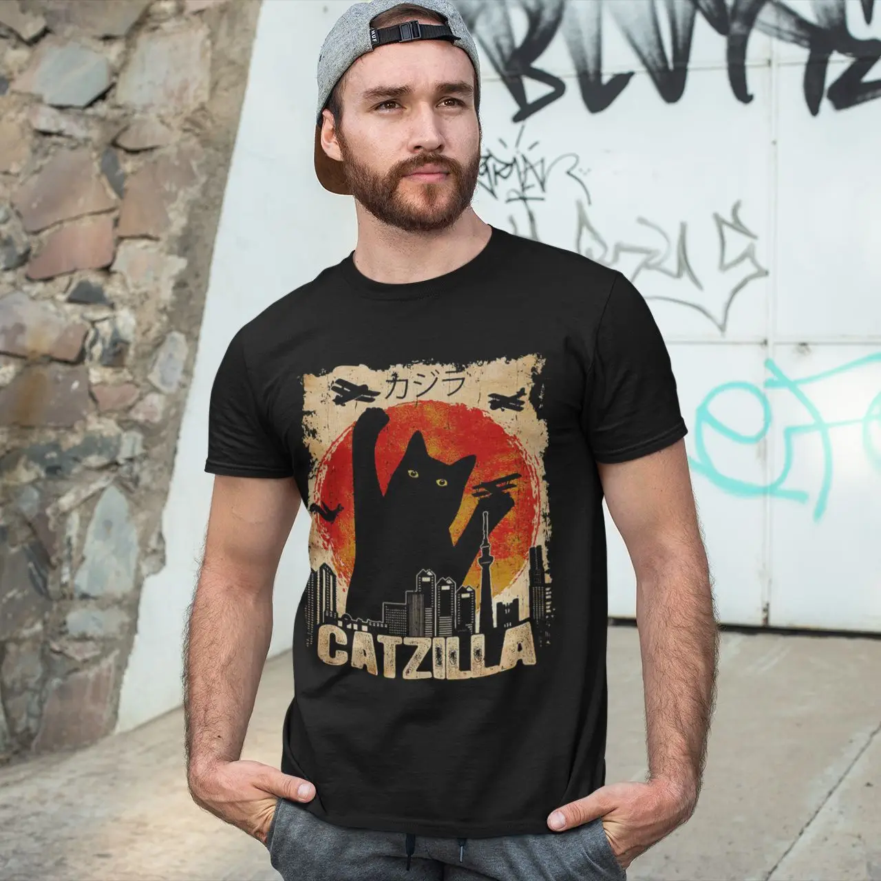 Divertente gatto nero Vintage Catzilla Monsters Kitten T-shirt uomo girocollo T-shirt in cotone Cat manica corta Tees Plus Size abbigliamento