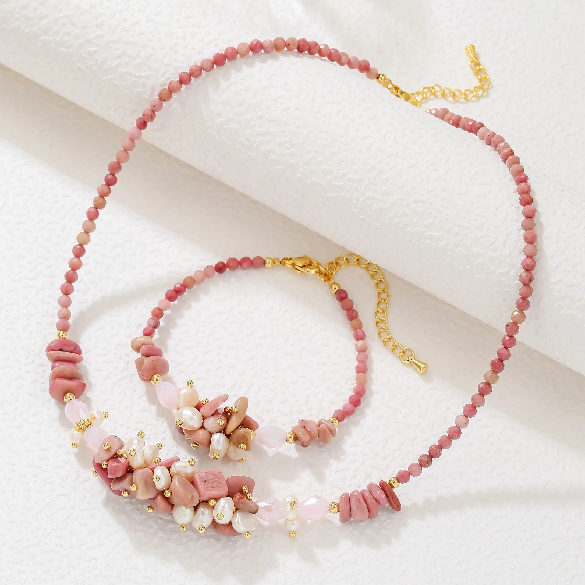 Set di gioielli da donna in oro 14 carati con perle d'acqua dolce naturali irregolari in cristallo rosa, bracciale da donna, collana, regali di nozze, non sbiadiscono