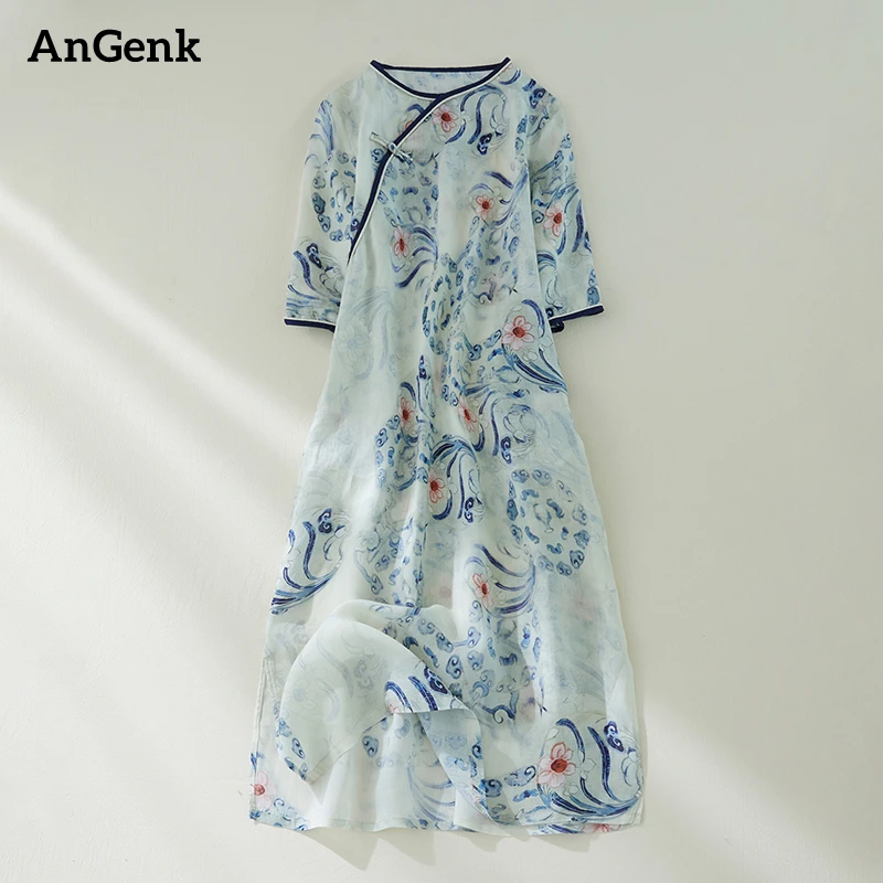 Abiti estivi in cotone stile cinese con stampa vintage per le donne 2025 Nuovo abito lungo allentato casual Femme Robe Abiti Abiti eleganti
