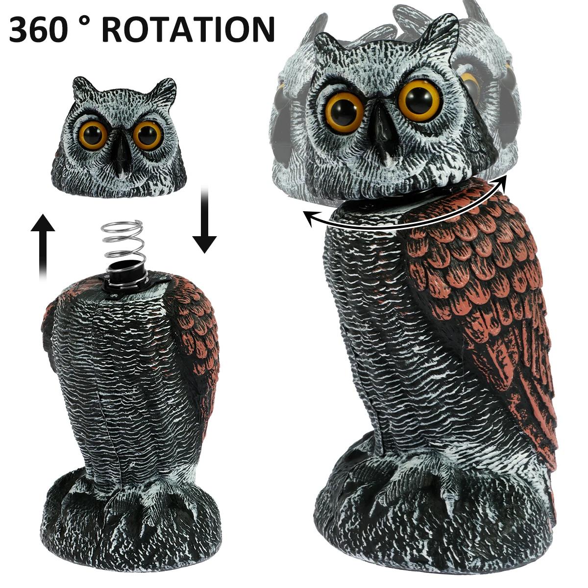 Dispositivi per il controllo degli uccelli Owl Spaventa con 360 ° Testa girevole impermeabile gufo finto spaventapasseri esca simulazione realistica gufo deterrente per uccelli