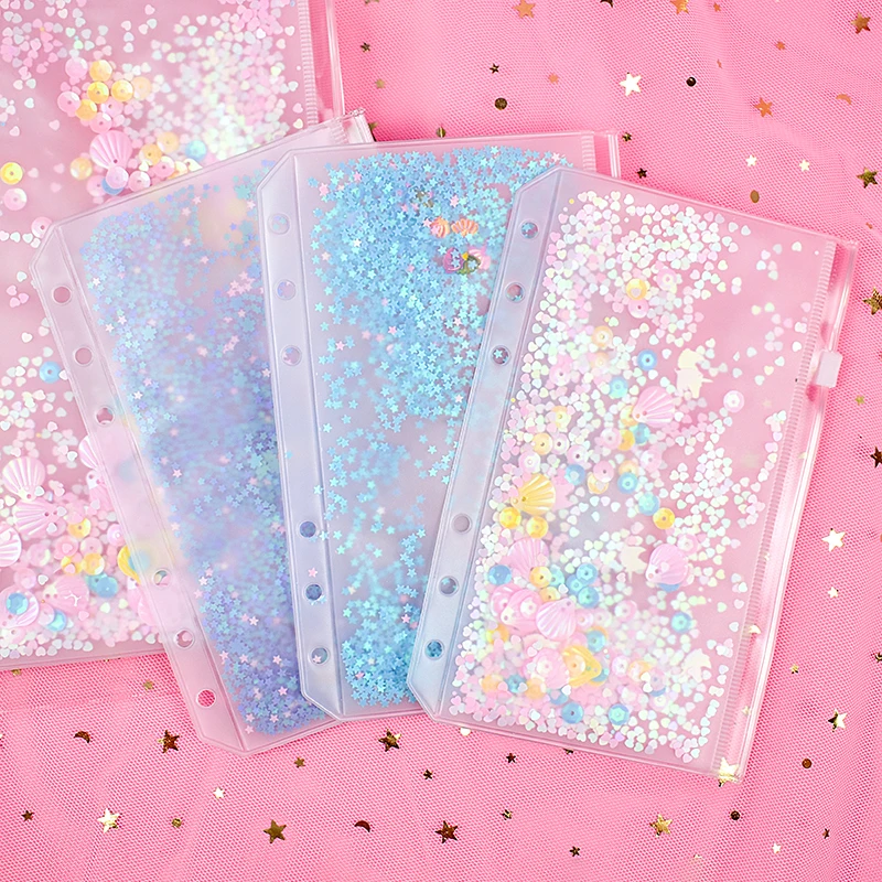 Tasca interna per notebook A5 A6 con paillettes glitterate, raccoglitore a fogli mobili, borsa con cerniera, cancelleria Kawaii, diario, pianificatore, custodia interna