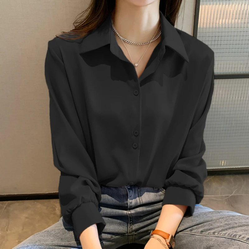 Camicie taglie forti Primavera Estate Moda femminile Manica lunga Camicetta ampia e solida Top Camicia casual in chiffon Camicie da donna da ufficio