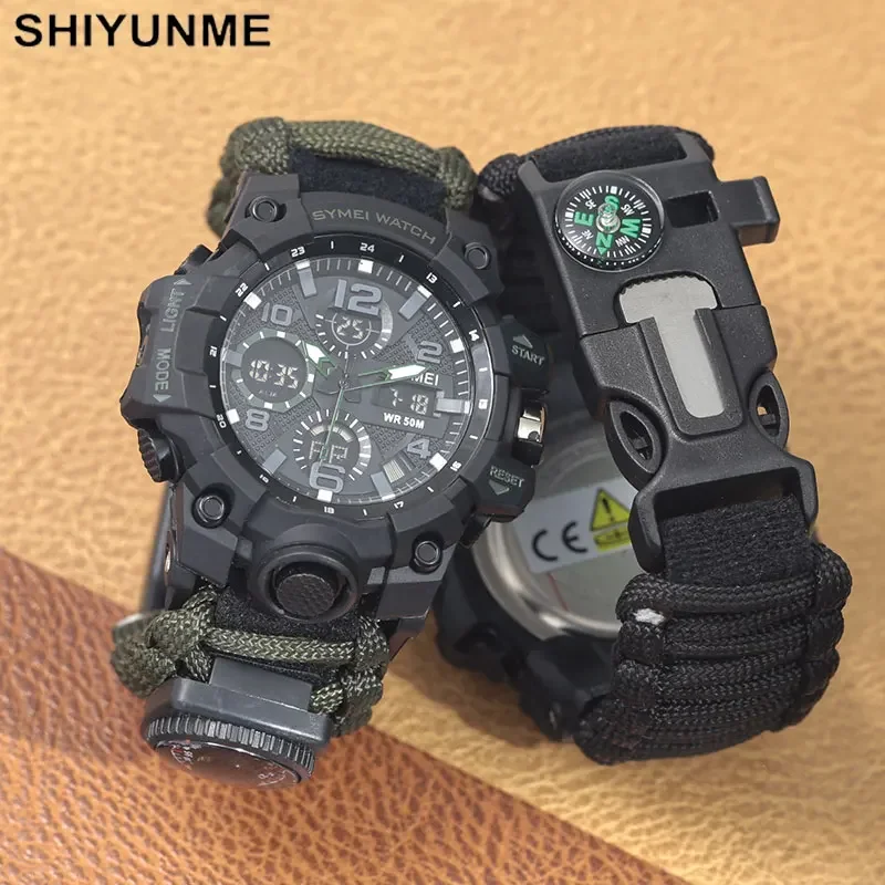 SHIYUNME Outdoor Survival Men Watch Multifunctional Waterproof Military Tactical Paracord Watch Compass Thermometer Quartz Watch