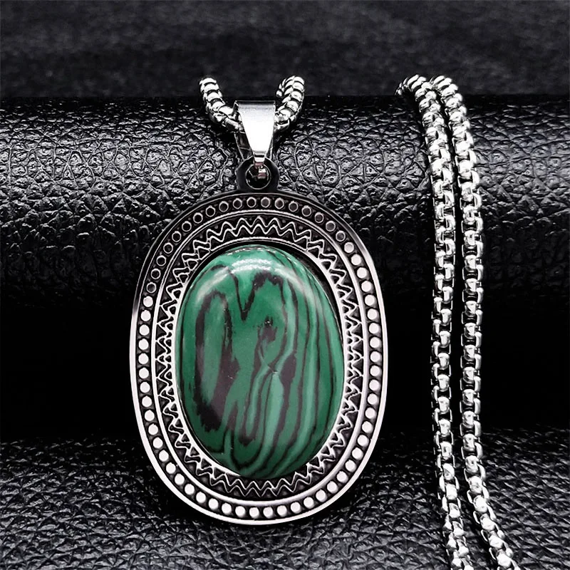 Acciaio inossidabile Boho Malachite Pietra Collane Catena Donna/Uomo Argento Colore Collana Gioielli sautoir femme lungo bohème N2737S04