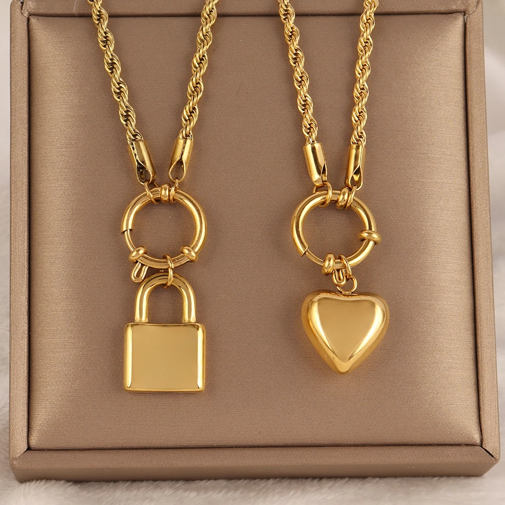 Collana in acciaio inossidabile 316L per donna Collana con lucchetto Collana con cuore Collane con ciondolo Collana girocollo con catena intrecciata Regalo di gioielli