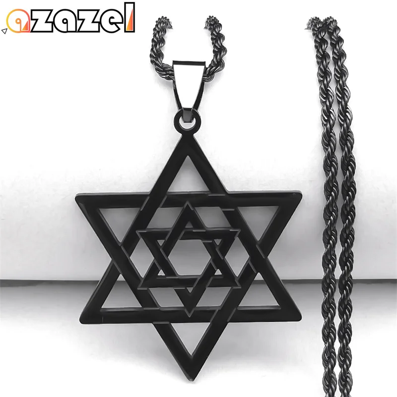 Collana con ciondolo esagramma Stella di David Magen per donna e uomo, in acciaio inossidabile, colore nero, con catena cava, gioielli regalo