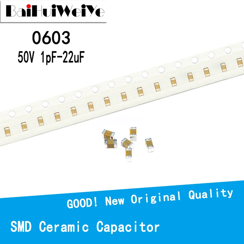 100 pz/lotto 0603 50V SMD condensatore ceramico multistrato con Chip a Film spesso 1pF - 22uF 10NF 100NF 1UF 2.2UF 4.7UF 10UF 1NF 100PF 470p
