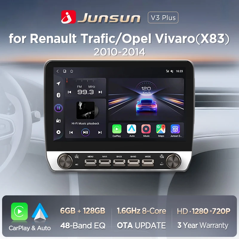 Junsun 10.1 "Pulsanti Wireless Carplay Android Auto Autoradio per Renault Trafic Opel Vivaro 2010-2014 Bluetooth GPS Navi 4G DSP