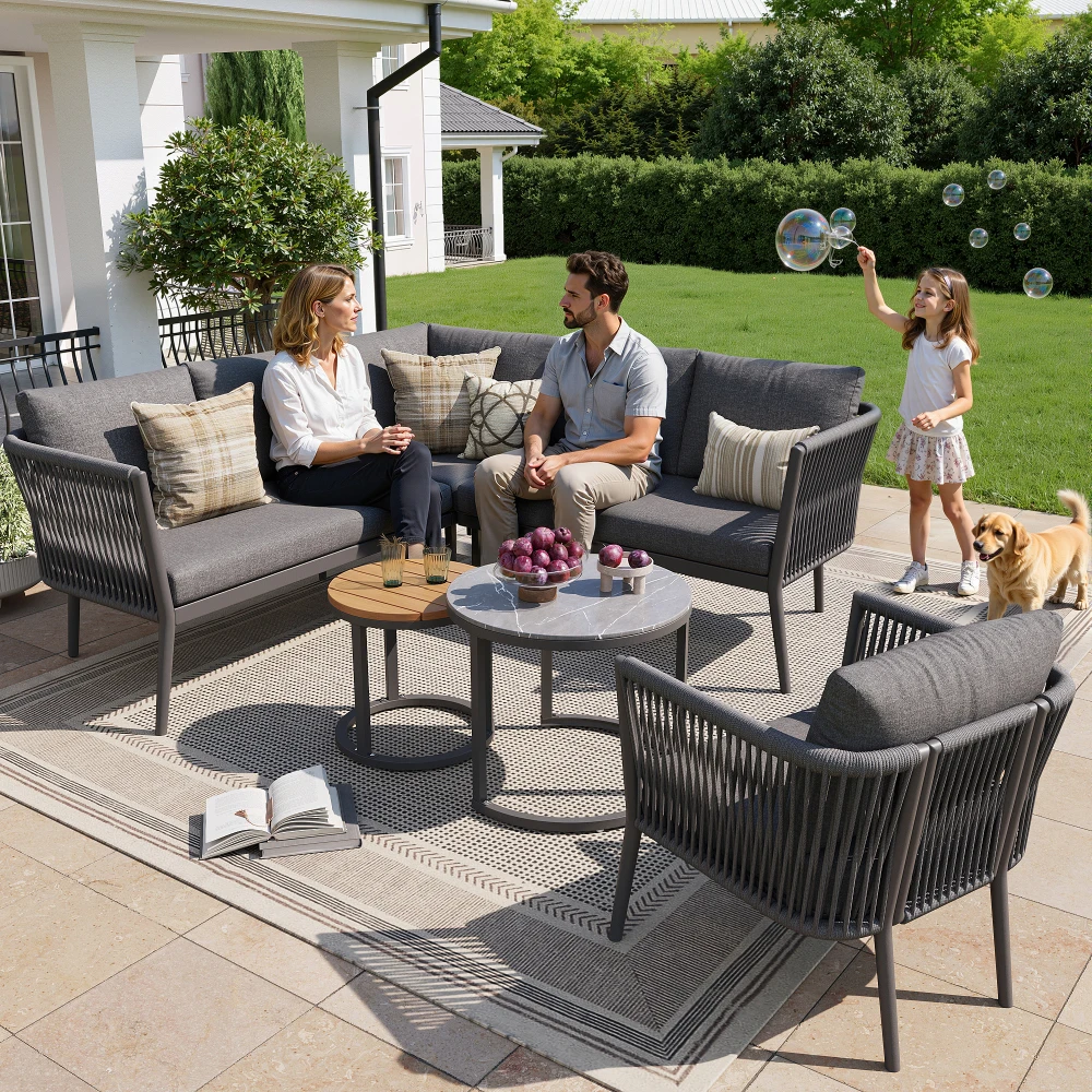 Garten-Lounge-Set für 5-6 Personen, Großes Outdoor-Sofa-Set, 6-teilige PE-Rattan-Sitzgruppe mit Wasserdichter Bank und Kissenset
