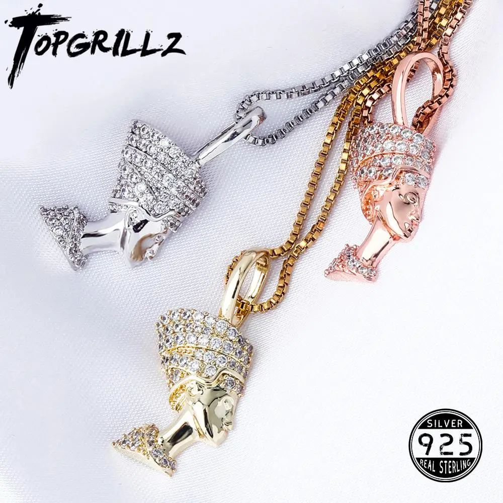 TOPGRILLZ Anhänger aus 925er-Sterlingsilber, ägyptischer Pharao, vereist, Hip-Hop-Zirkon-Anhänger, modischer Hip-Hop-Schmuck