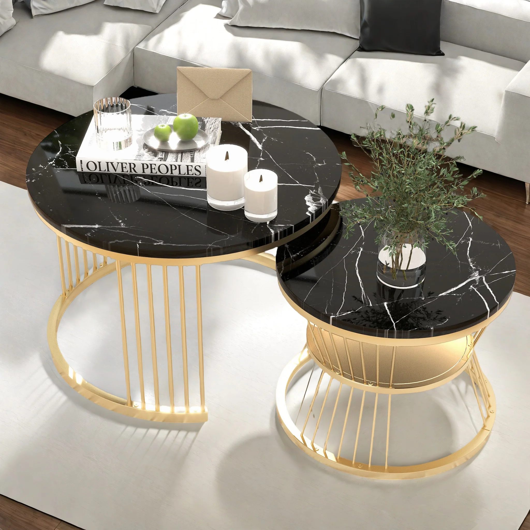 Anajqaqia Couchtisch, 2er-Set, moderner ineinander steckbarer Couchtisch, Wohnzimmertisch, Sofatisch, Metallgestell, rund, schwarz Image