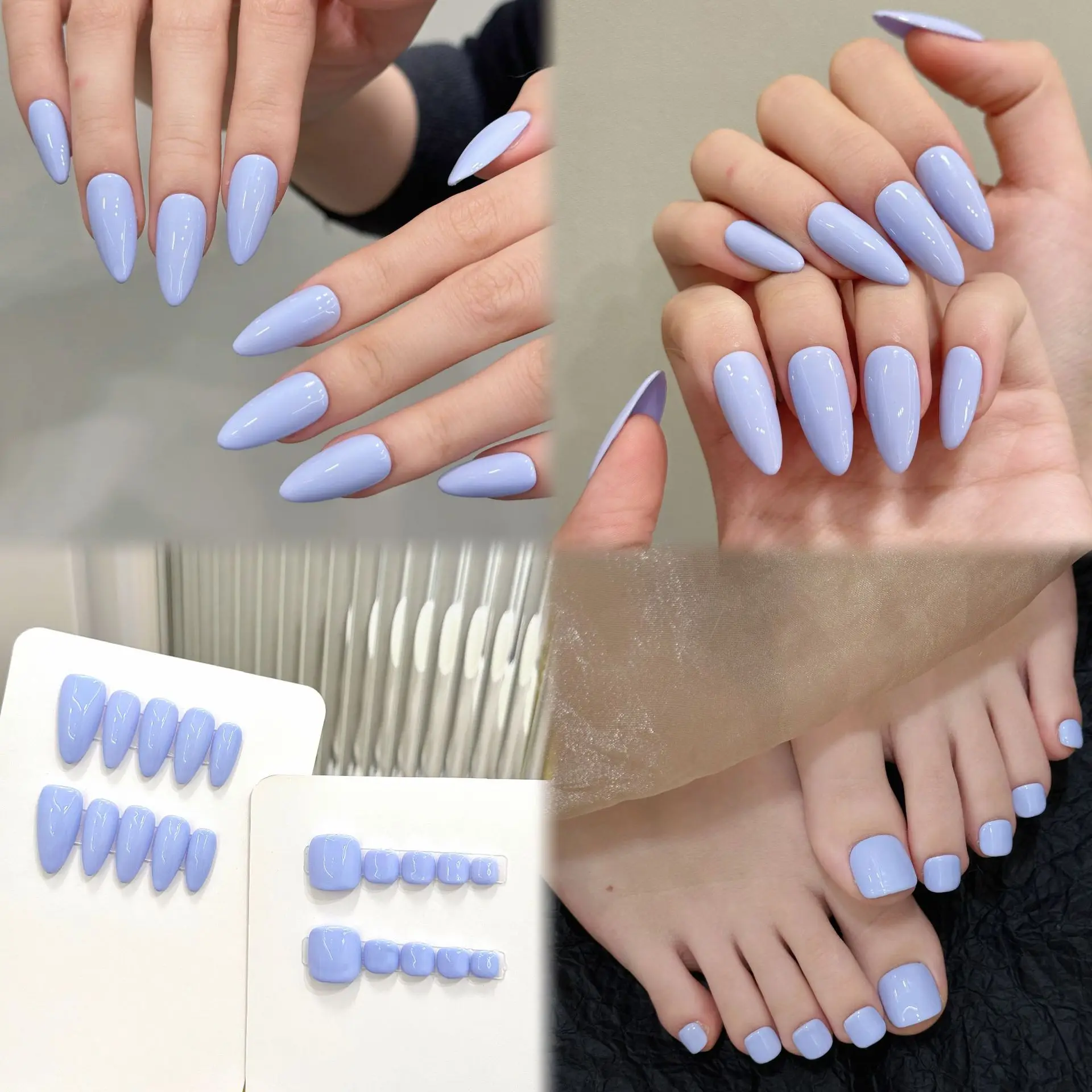 10 stücke Handgemachte Reine Farbe Drücken Sie auf Nägel Sommer Lila Farbe Falsche Zehennägel Tragbare Volle Abdeckung Koreanische Falsche Zehennagel patches Image