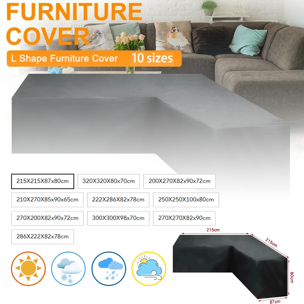 L-förmige Möbelabdeckung, wasserdicht, für den Außenbereich, Garten, Terrasse, Rattan-Sofa, staubdicht, V-förmig, schimmelresistent, schwarz, 10 Größen Image