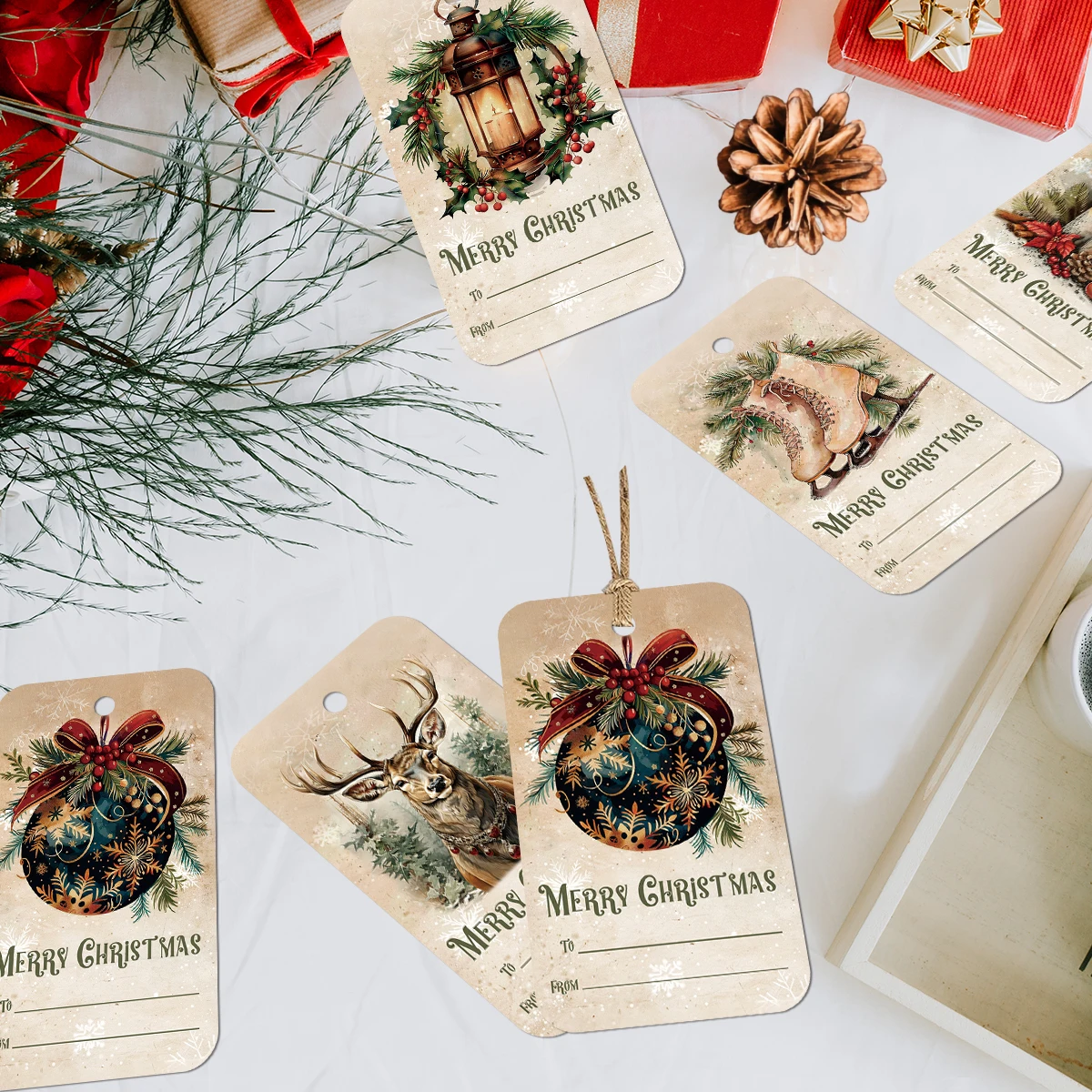 50 Stück Weihnachtsanhänger zum Aufhängen mit Hanfseil, Ornament für Weihnachtsbaum, Partygeschenke, DIY-Handwerk, Geschenk, Weihnachts-Event-Dekoration Image