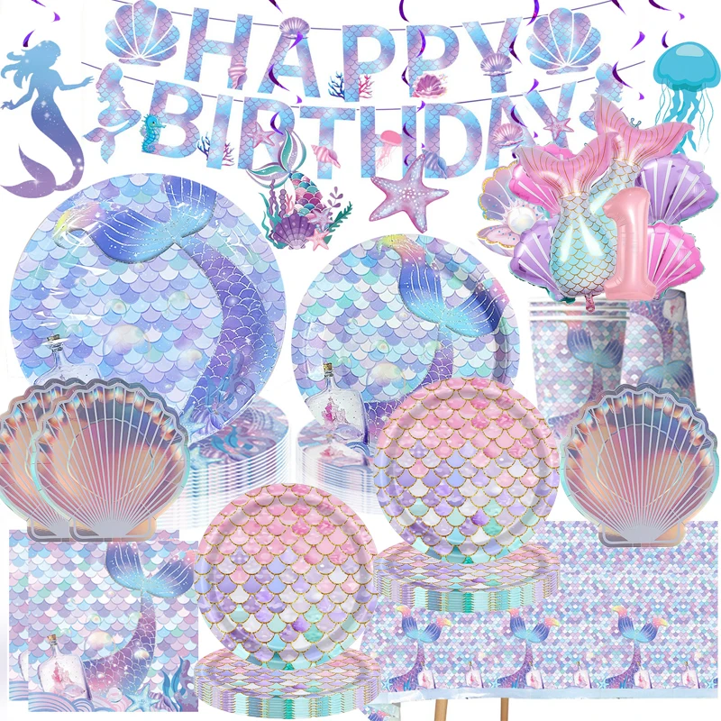 Meerjungfrau-Ballon-Partydekoration Meerjungfrau-Muschel-Thema Tischgeschirr Pappteller Becher Servietten Kleine Meerjungfrau Geburtstagsparty-Zubehör Image