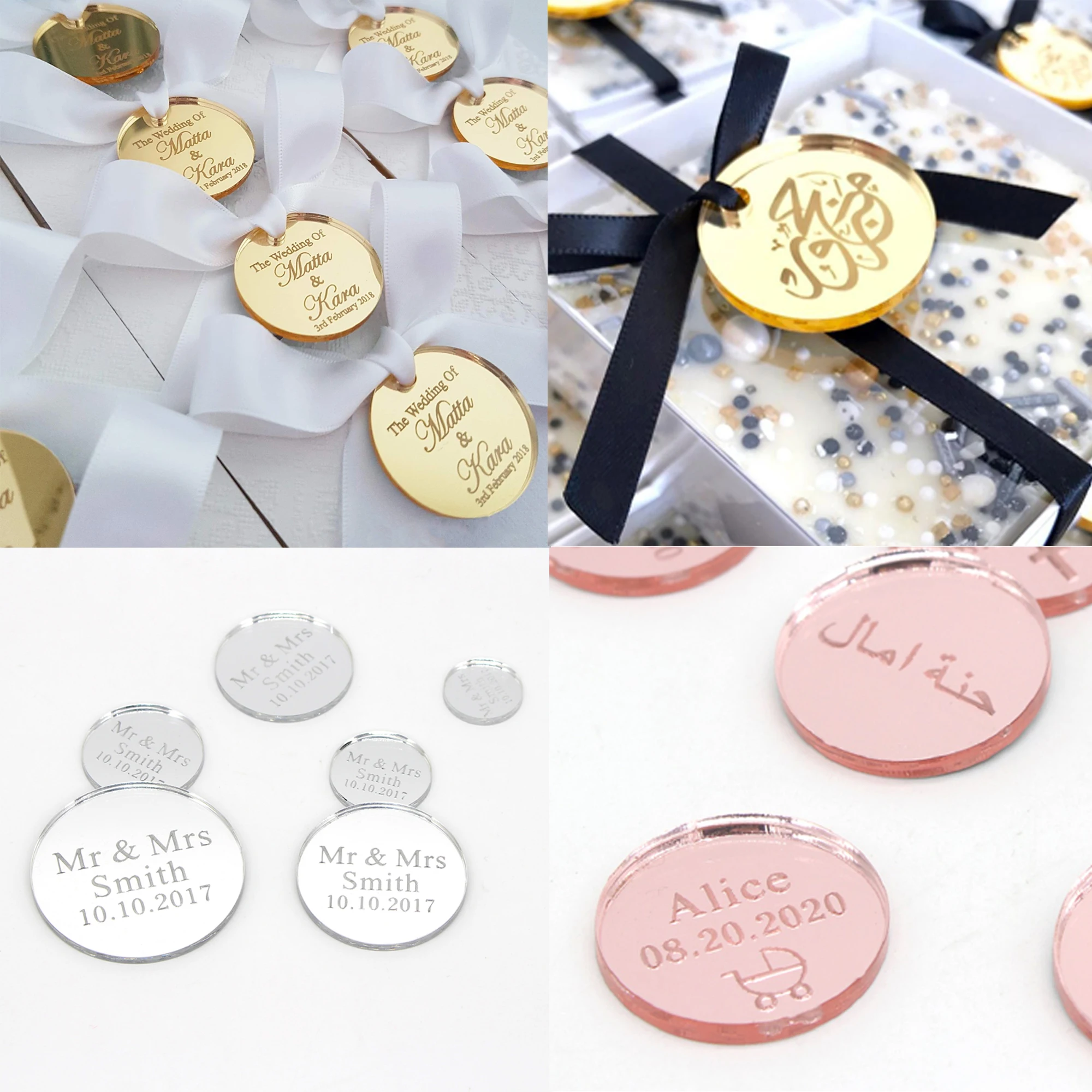 30/50/100 Stück personalisierte Namenstaufe Acryl Gold/Silber Tag rund Hochzeit und Verlobung Party Tischdekoration individuelle Geschenke Image